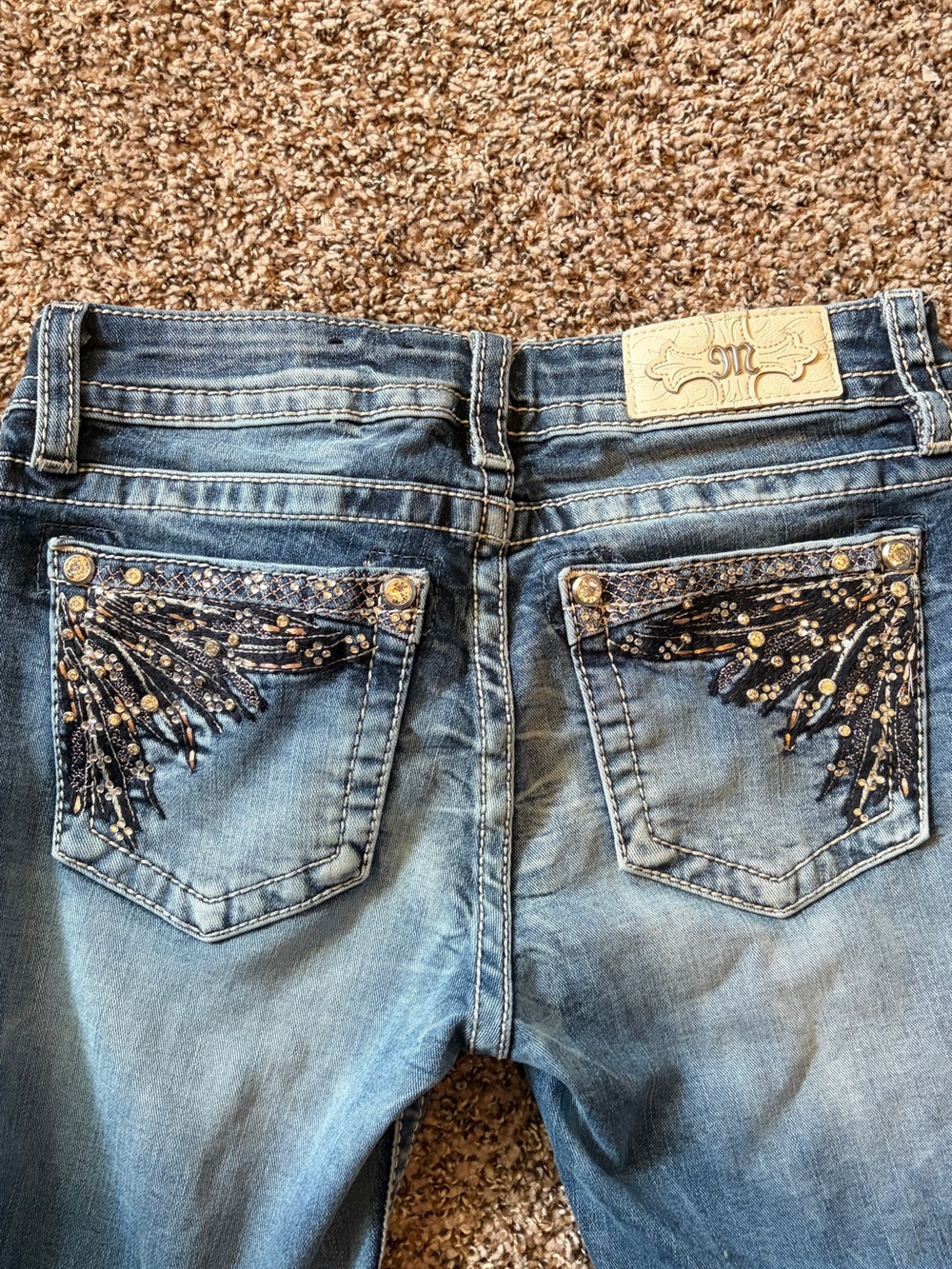 Miss Me Blue Embellished Boot Cut Jeans with Gold Accents